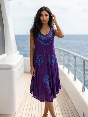 7 Islands Asymmetrical Embroidered Tank Dress Dark Purple Rhinestone Tropical OS